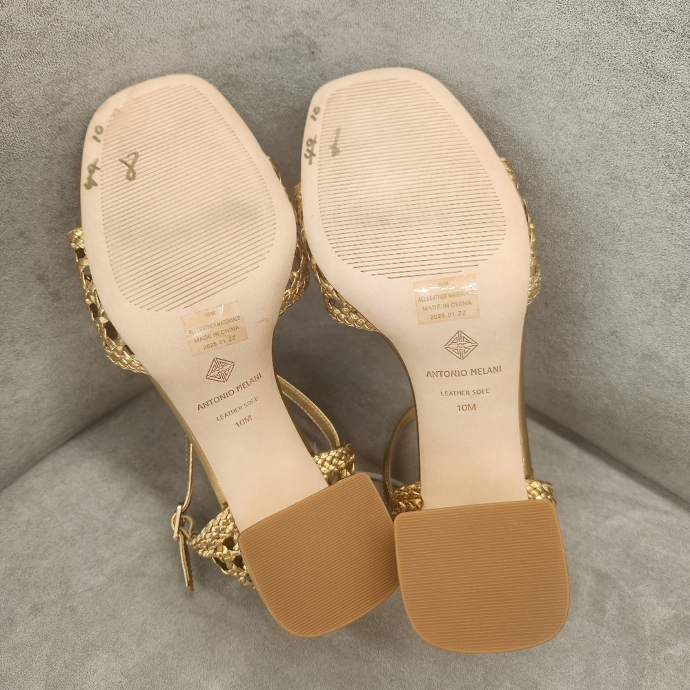 Antonio Melani Heeled Sandals 10 Golden Woven Leather Gretel Metallic New $140 - Picture 14 of 15